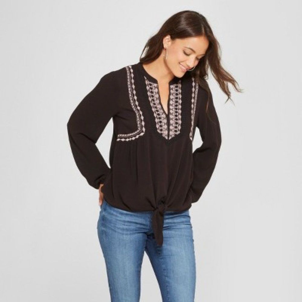 WOMEN'S Long Sleeve Embroidered Tie Front Top - Knox Rose™ Black M